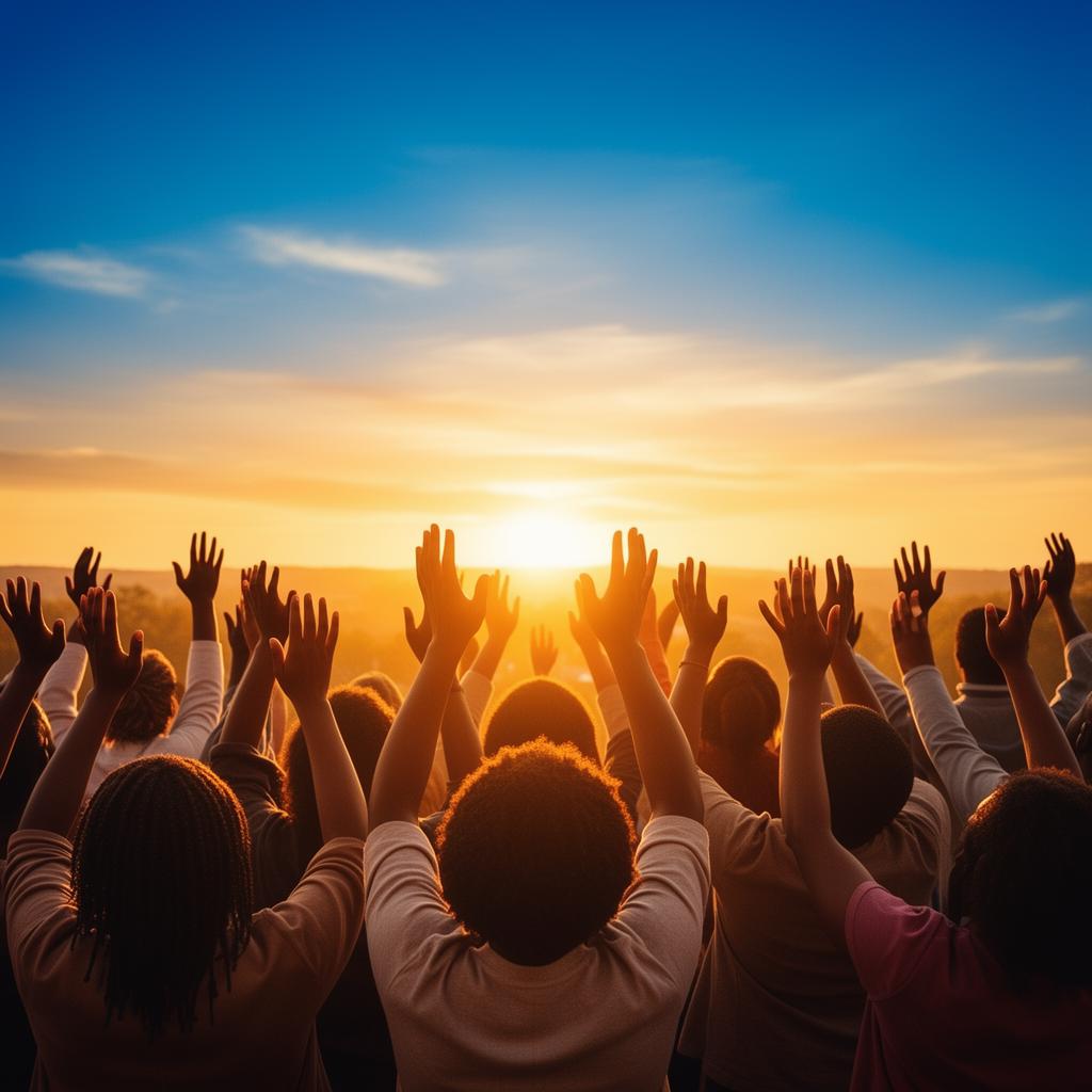 Hands raised in worship at sunrise